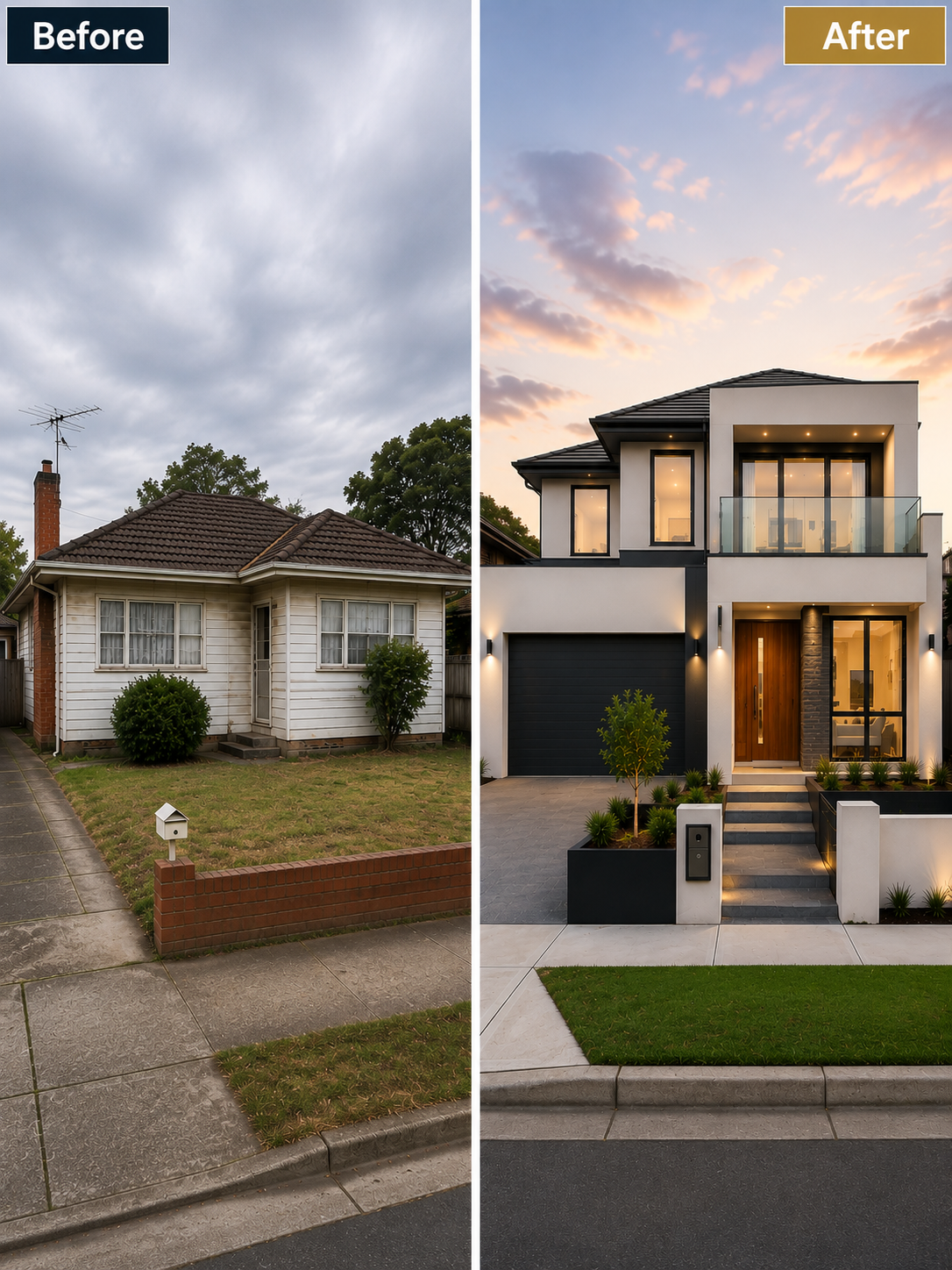 Before and after a knockdown rebuild in Melbourne: an older brick veneer home and the new home built in its place